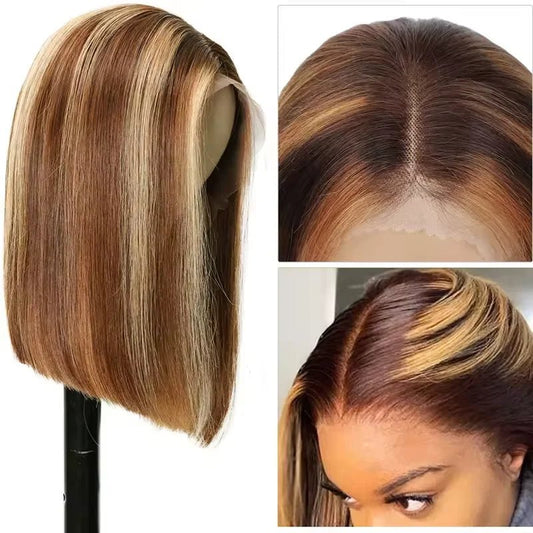 16" Ombre Brown Straight Bob Wig – 13x6 HD Lace Front, 200% Density, Glueless Human Hair - Cindorium